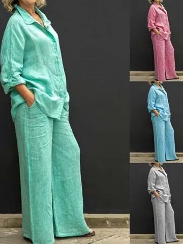 Women Casual Top And Bottom Solid Color Shirt And Wide Leg Pants Minimalist Loose Fit Commuting Outfit Summer Loungewear