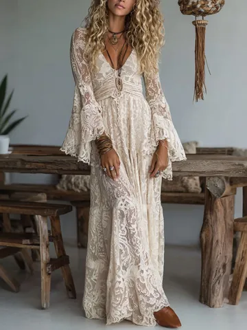 Women Elegant V Neck Lace Maxi Dress Bohemian Bell Sleeve Slim Fit Long Floor Length Vacation Dress