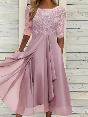 Women Elegant Chiffon Lace Patchwork Hollow Out Dress Round Neck 3/4 Sleeve High Waist Bridesmaid Evening Gown Party Dress