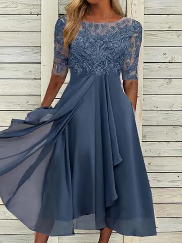 Women Elegant Chiffon Lace Patchwork Hollow Out Dress Round Neck 3/4 Sleeve High Waist Bridesmaid Evening Gown Party Dress