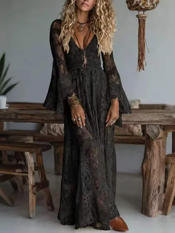 Women Elegant V Neck Lace Maxi Dress Bohemian Bell Sleeve Slim Fit Long Floor Length Vacation Dress
