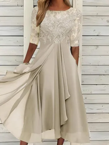 Elegant Chiffon Lace Patchwork Evening Dress Women Hollow Out Half Sleeve Formal Party Bridesmaid Midi Dress