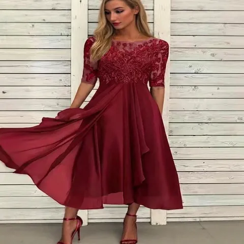 Elegante Abito da Sera in Patchwork di Pizzo e Chiffon da Donna Girocollo Manica Corta Abito Lungo per Matrimonio Festa Banchetto Formale