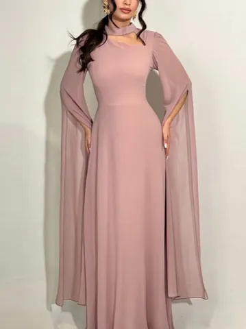 Elegantes Chiffon-Abendkleid Für Damen Schlanke Passform Langarm-Ausschnitt Geschlitzter Kapuzenärmel Bodenlanges Formelles Partykleid