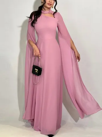 Elegantes Chiffon-Abendkleid Für Damen Schlanke Passform Langarm-Ausschnitt Geschlitzter Kapuzenärmel Bodenlanges Formelles Partykleid