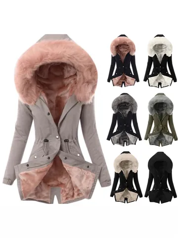 Women Hooded Cotton Padded Parka Jacket With Rabbit Fur Collar Fleece Lined Drawstring Waist Casual Winter Warm Outerwear Coat