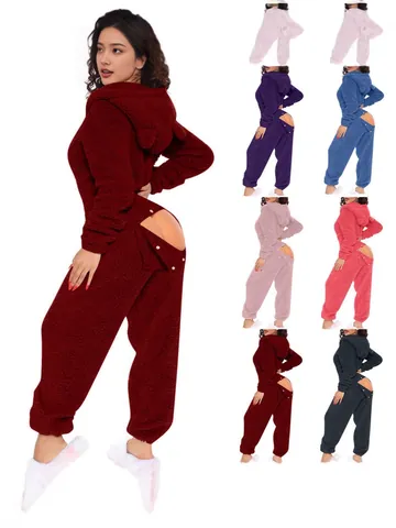 Women Spandex Plush Long Sleeve Hooded Jumpsuit Warm Solid Color Sexy Slim Fit Romper Casual Pajamas Sleepwear Home Wear