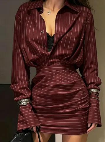 Women Striped Two Piece Set Elegant Slim Fit Long Sleeve Button Shirt And Ruched Bodycon Mini Skirt Set Office Lady Summer Outfit