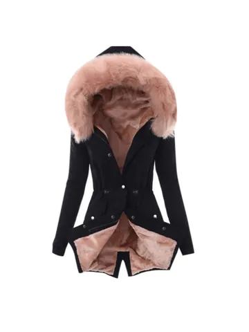 Women Winter Hooded Parka Coat With Faux Fur Collar Padded Thickened Slim Fit Warm Polyester Top Windproof Outdoor Jacket