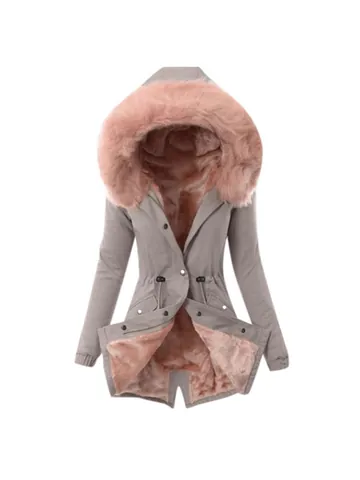 Women Winter Hooded Parka Coat With Faux Fur Collar Padded Thickened Slim Fit Warm Polyester Top Windproof Outdoor Jacket