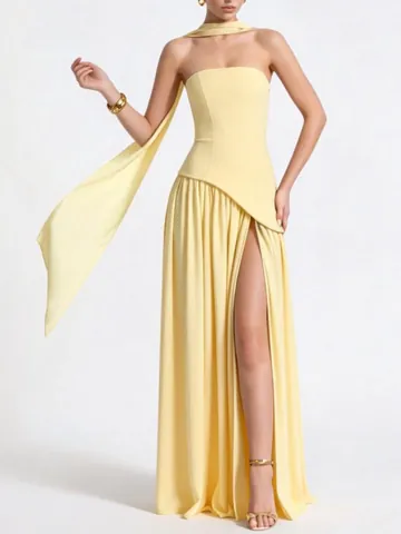 Elegant Strapless Slim Fit Side Slit Evening Maxi Dress For Women Solid Color Backless Party Gown With Scarf Neckband Polyester