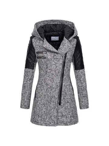 Manteau à Capuche Épais pour Femme Trench Mode Patchwork Manches en Similicuir Veste Matelassée Manches Longues Vêtement d'Hiver
