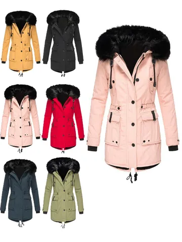 Women Thickened Hooded Winter Parka Coat Long Polyester Faux Fur Trimmed Hood Padded Cotton Jacket Windproof Warm Top