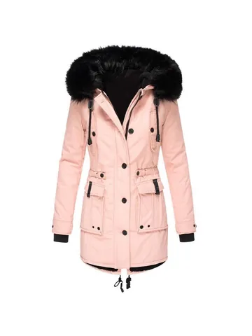 Women Thickened Hooded Winter Parka Coat Long Polyester Faux Fur Trimmed Hood Padded Cotton Jacket Windproof Warm Top