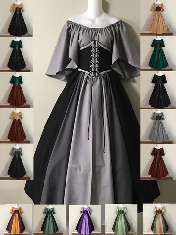 Women Renaissance Medieval Dress Retro Off Shoulder Trumpet Sleeve Lace Up Corset Patchwork Gothic Costume For Stage Party