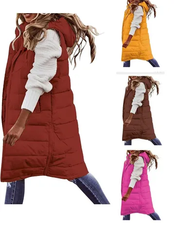 Gilet Imbottito da Donna Casual Lungo Trapuntato con Cappuccio Tinta Unita Senza Maniche Aderente Capospalla Invernale Top