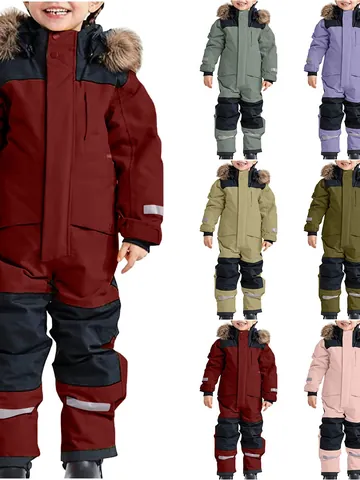Girl Outdoor One Piece Ski Suit Waterproof Thickened Warm Reflective Overall With Artificial Fur Hooded Winter Children Snowsuit