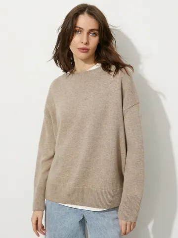 Women Casual Round Neck Pullover Loose Knit Sweater Autumn Winter Viscose Polyester Nylon Thick Warm Drop Shoulder Top