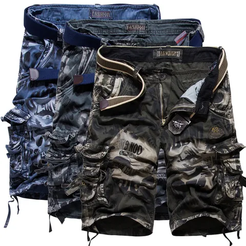 Men's Multi-Pocket Camouflage Cargo Shorts Washed Cotton Mid-Length Tactical Bottom Casual Summer Beach Shorts