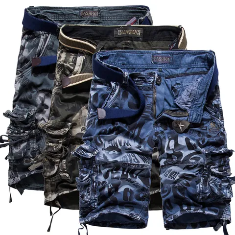 Men's Multi-Pocket Camouflage Cargo Shorts Washed Cotton Mid-Length Tactical Bottom Casual Summer Beach Shorts