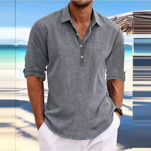 Men's Casual Cotton Linen Blend Henley Shirt Long Sleeve Pullover Loose Fit Fashion Holiday Beach Shirt Solid Color Top