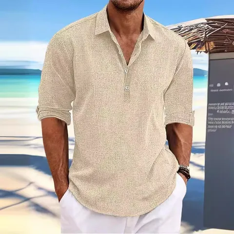 Men's Casual Cotton Linen Blend Henley Shirt Long Sleeve Pullover Loose Fit Fashion Holiday Beach Shirt Solid Color Top