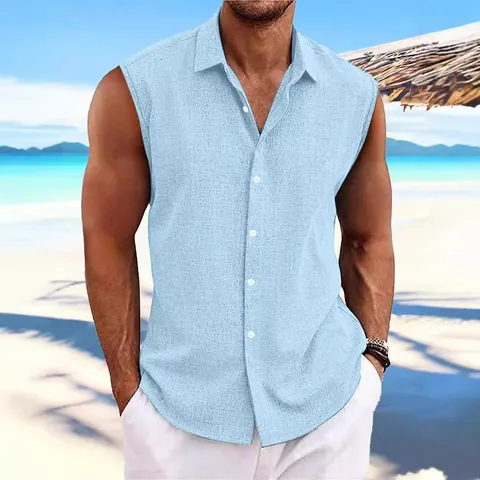 Men's Casual Hawaiian Sleeveless Shirt Cotton Lapel Button Down Solid Color Beach Vacation Loose Fit Comfortable Top