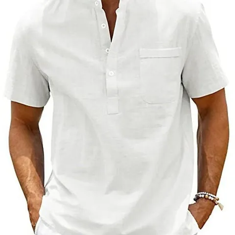 Men's Casual Cotton Linen Blend Stand Collar Henley Shirt Short Sleeve Pullover Solid Color Loose Fit Plus Size Top