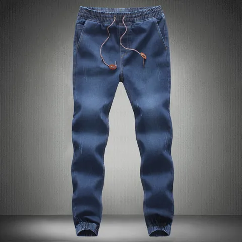 Men's Casual Cotton Jogger Jeans Elastic Waist Drawstring Slim Fit Denim Pants Washed Whiskered Plus Size Leg Cuffed Trousers