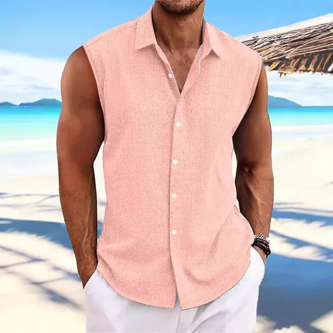 Men's Casual Hawaiian Sleeveless Shirt Cotton Lapel Button Down Solid Color Beach Vacation Loose Fit Comfortable Top