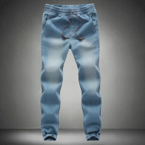 Men's Casual Cotton Jogger Jeans Elastic Waist Drawstring Slim Fit Denim Pants Washed Whiskered Plus Size Leg Cuffed Trousers