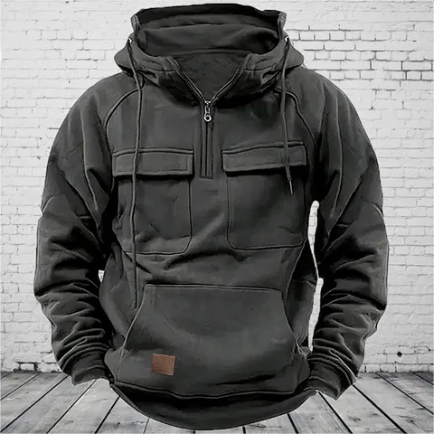 Men Workwear Style Half Zip Hooded Hoodie Loose Fit Solid Color Outdoor Casual Sweatshirt Top