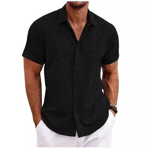 Camicia da Uomo Casual in Lino a Manica Corta Minimalista Tinta Unita Rever Bottoni Top per Estate Spiaggia Camicia Larga