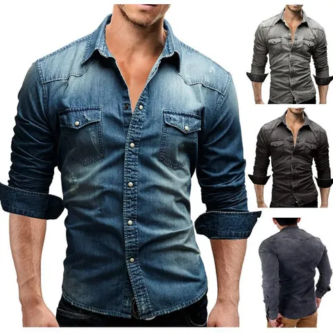 Camisa Vaquera de Manga Larga para Hombre Casual Mezcla de Algodón Doble Bolsillo Lavado a la Arena Top con Solapa para Diario