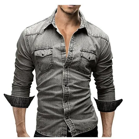 Camisa Vaquera de Manga Larga para Hombre Casual Mezcla de Algodón Doble Bolsillo Lavado a la Arena Top con Solapa para Diario