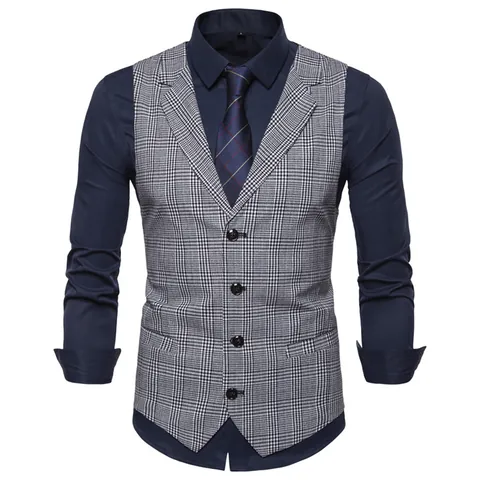 Men Business Casual Plaid Waistcoat British Style Slim Fit Single Breasted Notch Lapel Vest Top For Wedding Party