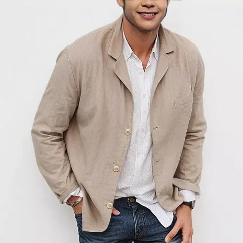 Men's Casual Cotton Linen Blazer Loose Fit Lightweight Single Breasted Lapel Sport Coat Plain Long Sleeve Blazer Jacket Top For Men