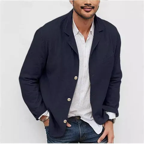 Men's Casual Cotton Linen Blazer Loose Fit Lightweight Single Breasted Lapel Sport Coat Plain Long Sleeve Blazer Jacket Top For Men