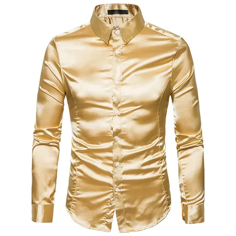Men's Fashion Shiny Satin Long Sleeve Shirt Slim Fit Lapel Casual European Size Metallic Luster Printed Social Party Top