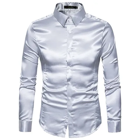 Men's Fashion Shiny Satin Long Sleeve Shirt Slim Fit Lapel Casual European Size Metallic Luster Printed Social Party Top