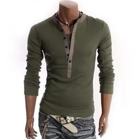 Camiseta de Manga Larga para Hombre Estilo Coreano con Efecto Capas y Decoración de Botones Top Casual de Color Sólido