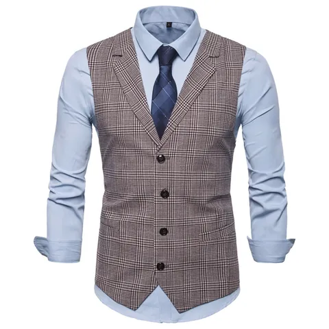 Men Business Casual Plaid Waistcoat British Style Slim Fit Single Breasted Notch Lapel Vest Top For Wedding Party