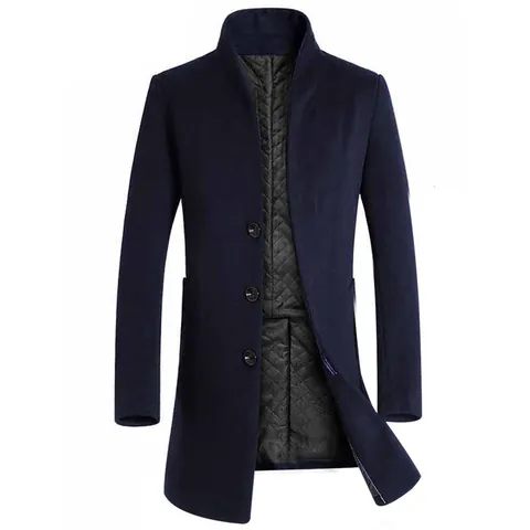 Men Slim Fit Mid-Length Wool Overcoat Trench Coat Casual Quilted Lined Winter Warm Cotton Blend Outerwear Jacket Top