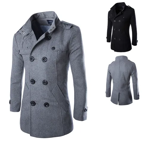 Men Fashion Slim Fit Woolen Coat Double Breasted Medium Length Trench Coat Business Casual Outerwear Solid Overcoat Jacket
