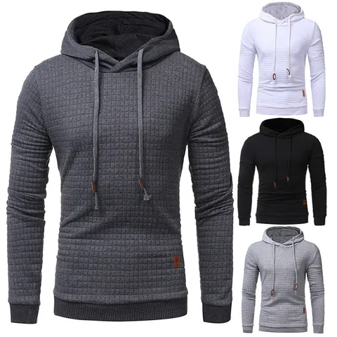 Men Casual Hooded Pullover Hoodie Cotton Blend Diamond Lattice Texture Long Sleeve Sweatshirt Ribbed Trim Fashion Outwear Top