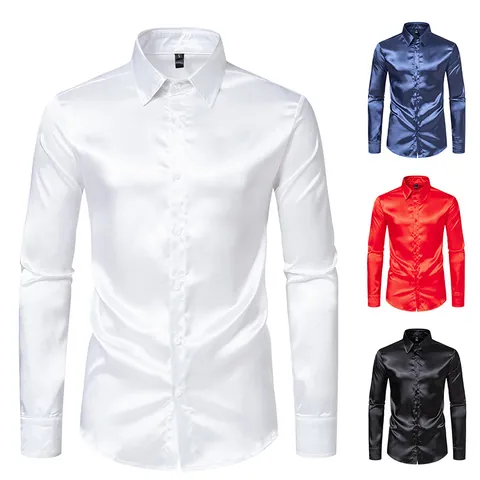 Camisa de Manga Larga de Satén Brillante para Hombre Color Sólido Estilo de Discoteca Moda Urbana Top de Solapa Casual