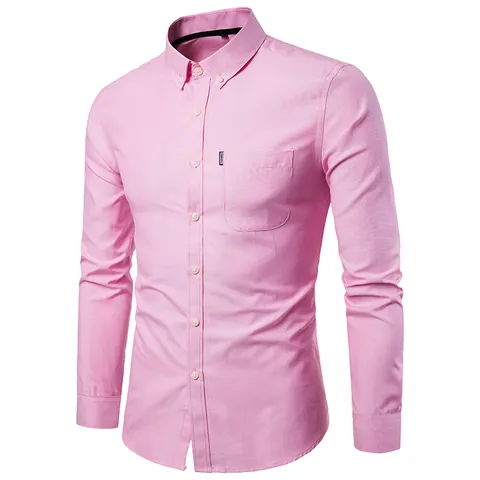 Men's Casual Long Sleeve Polyester Oxford Shirt Slim Fit Non-Iron Button Down Business Dress Shirt Solid Color Lapel Top