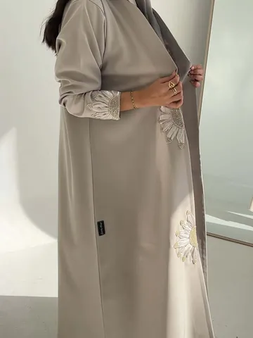 Women Elegant Polyester Embroidered Sunflower Robe Cardigan Loose Long Sleeve Longline Outerwear With Artificial Pearl Decor