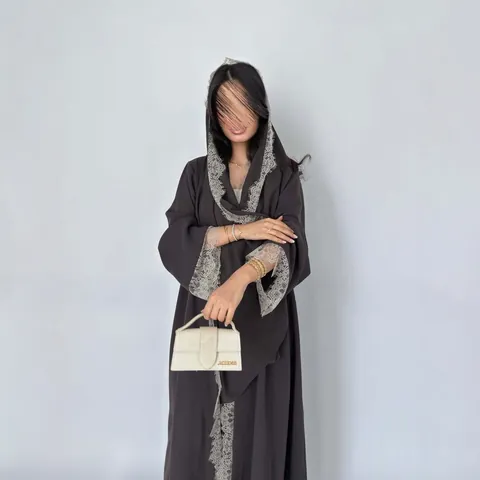 Women Elegant Lace Trim V Neck Maxi Dress Solid Color Loose Abaya Style Cardigan Dress Fashion Casual Long Sleeve Dress