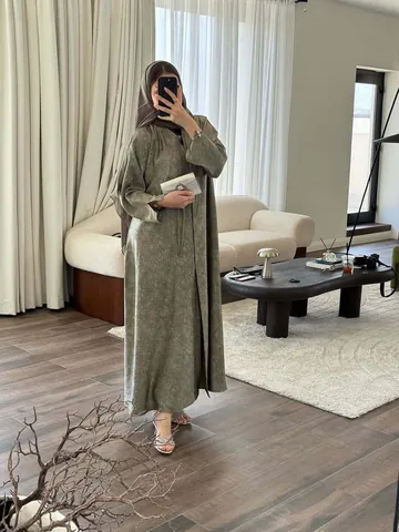 Women Elegant Floral Print Maxi Dress Long Sleeve V-Neck Loose Abaya Dress For Women Commuter Style Olive Green Lotus Root